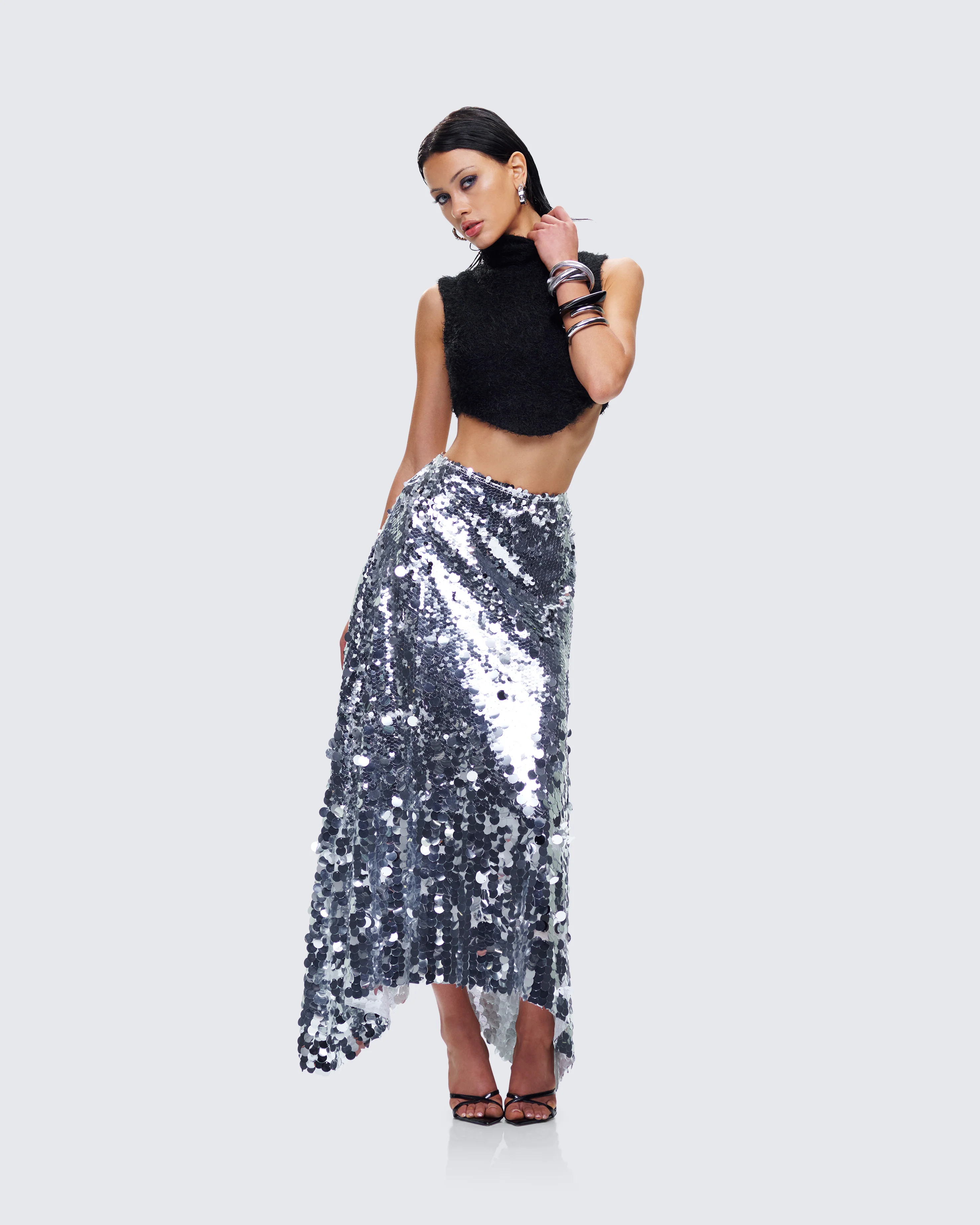 Wyn Metallic Silver Sequin Maxi Skirt - Image 8