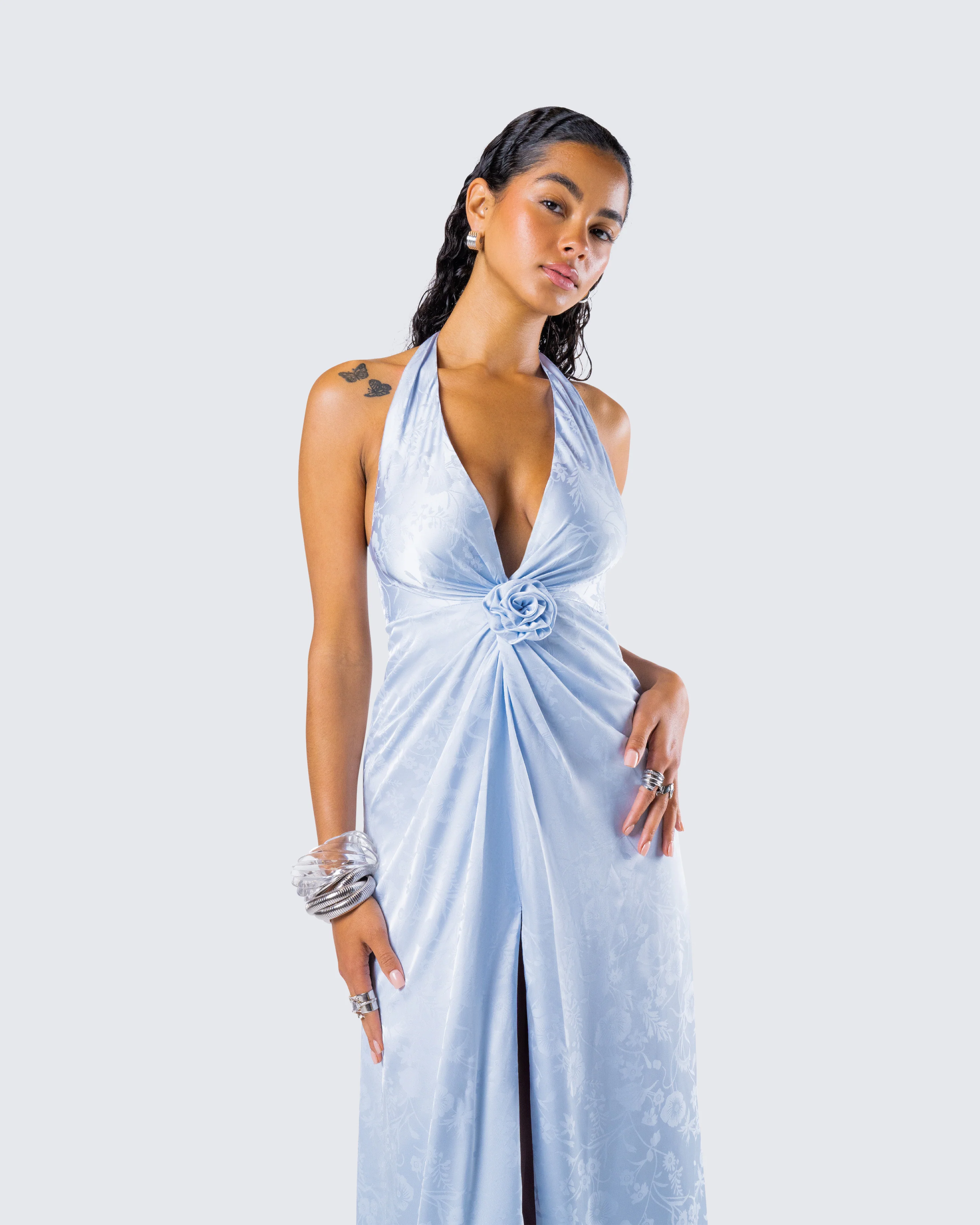 Xylah Baby Blue Rosette Maxi Dress - Image 9