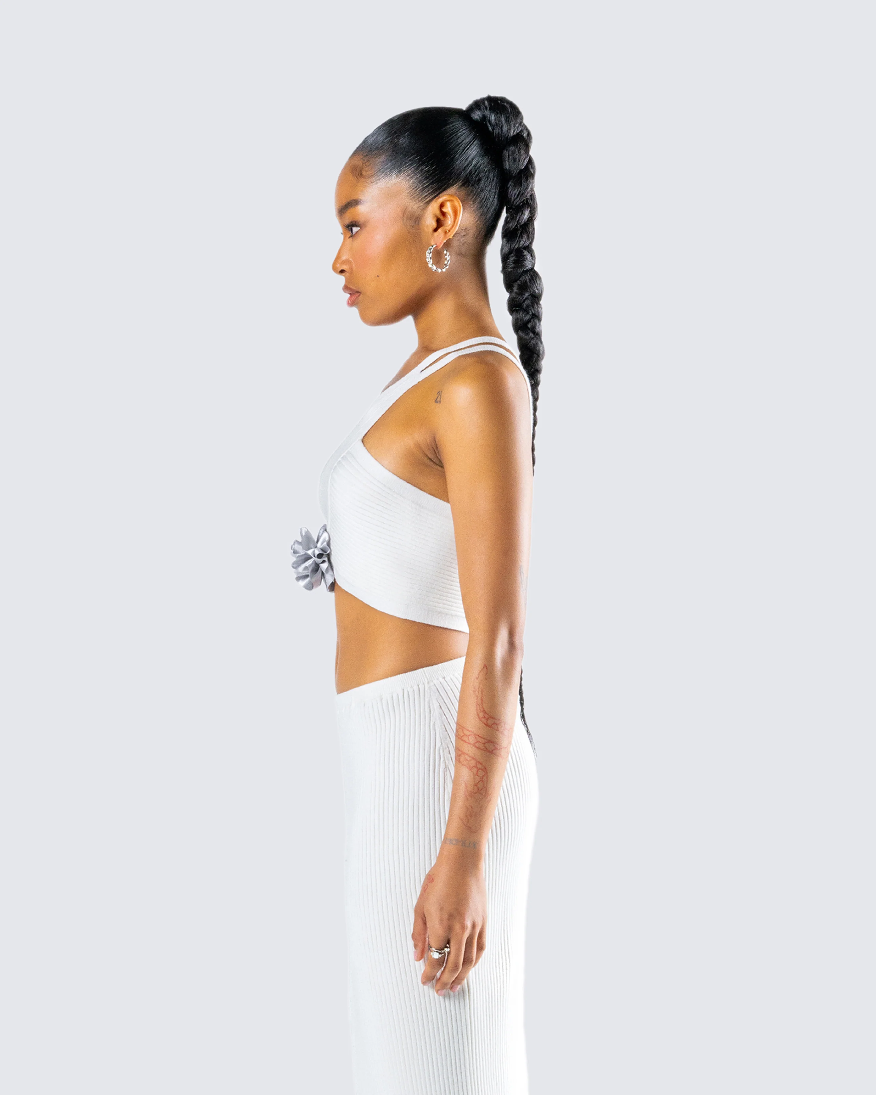 Yuka White Rosette Knit Crop Top - Image 6