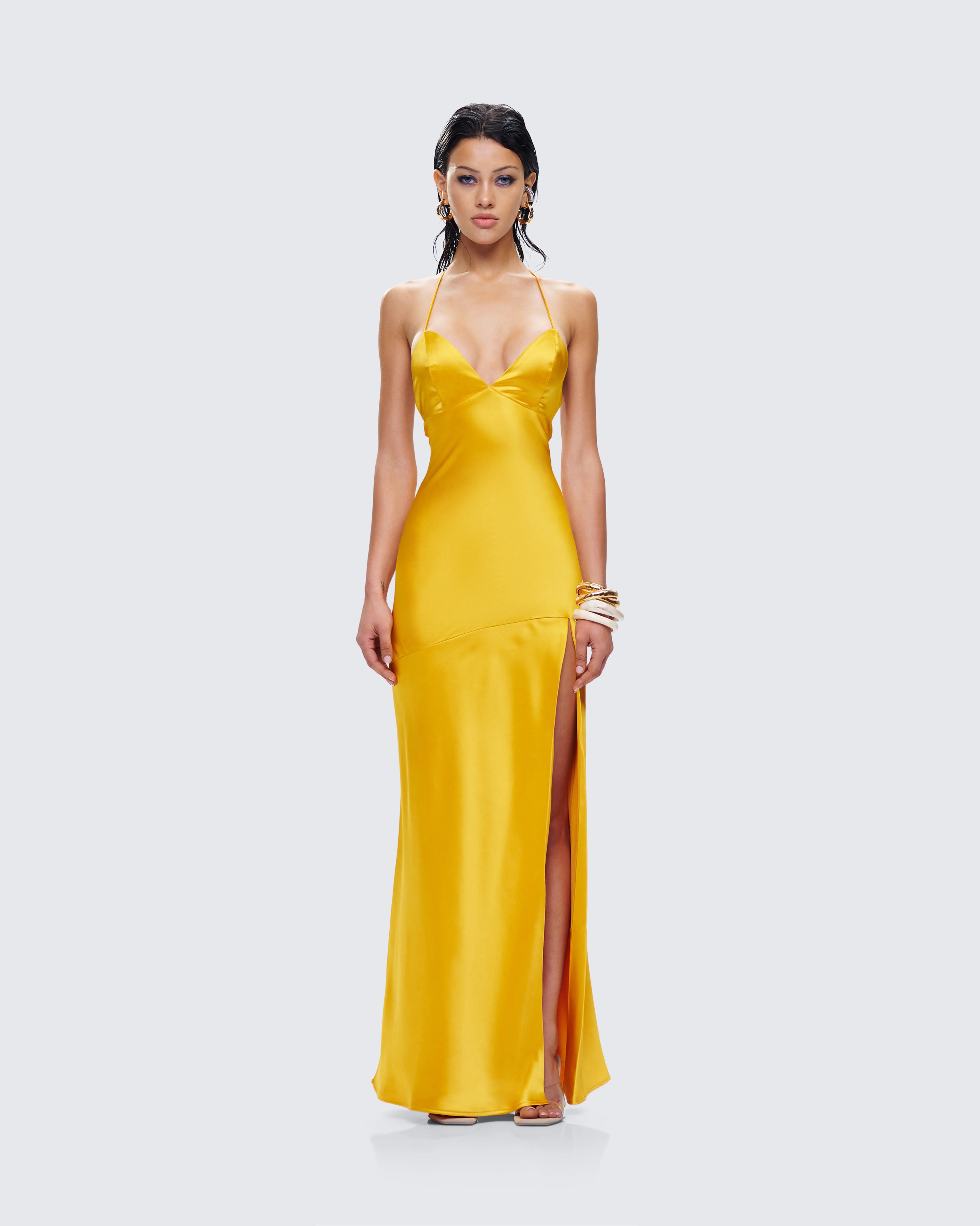 Zabel Orange Satin Maxi Dress - Image 4