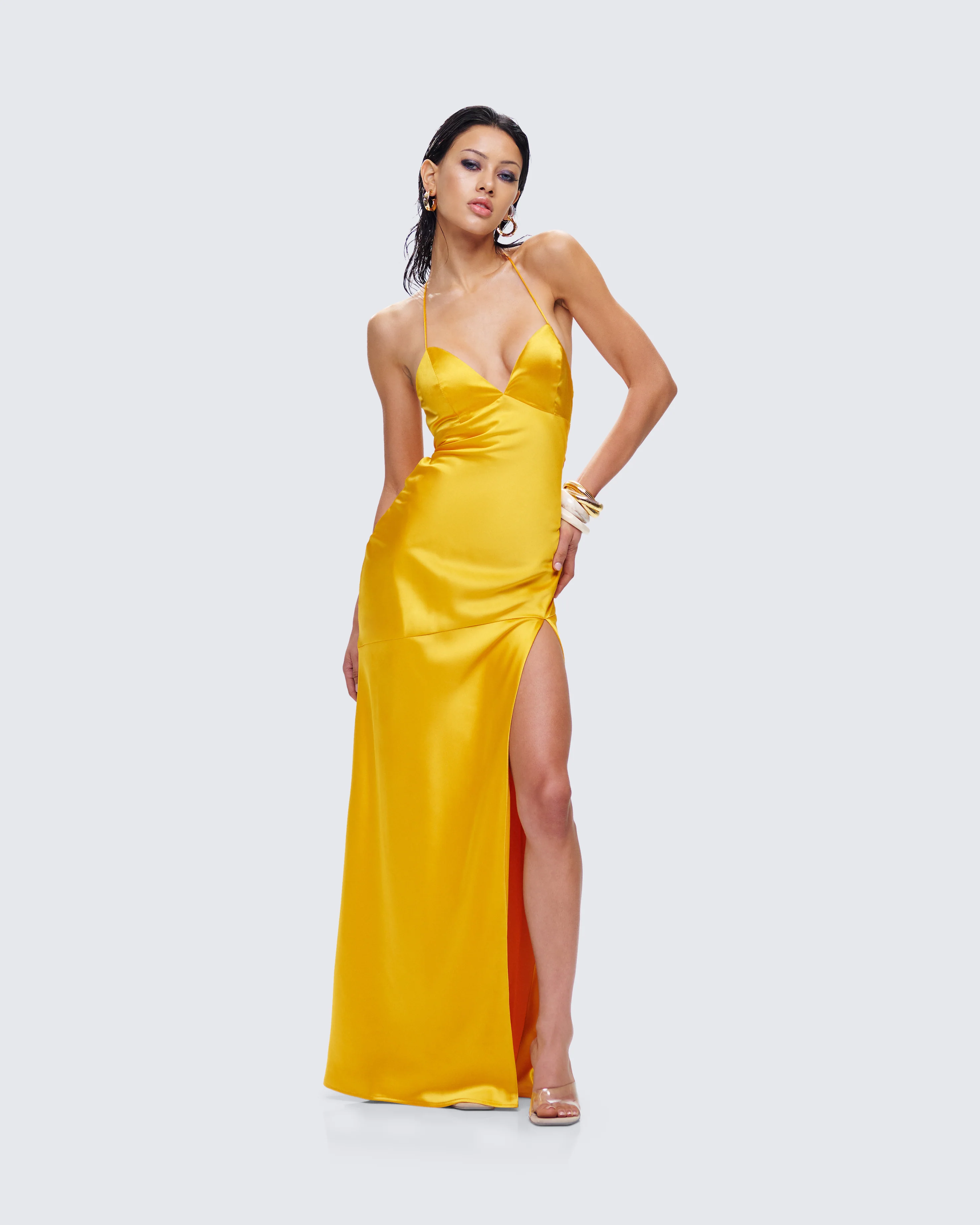 Zabel Orange Satin Maxi Dress - Image 5