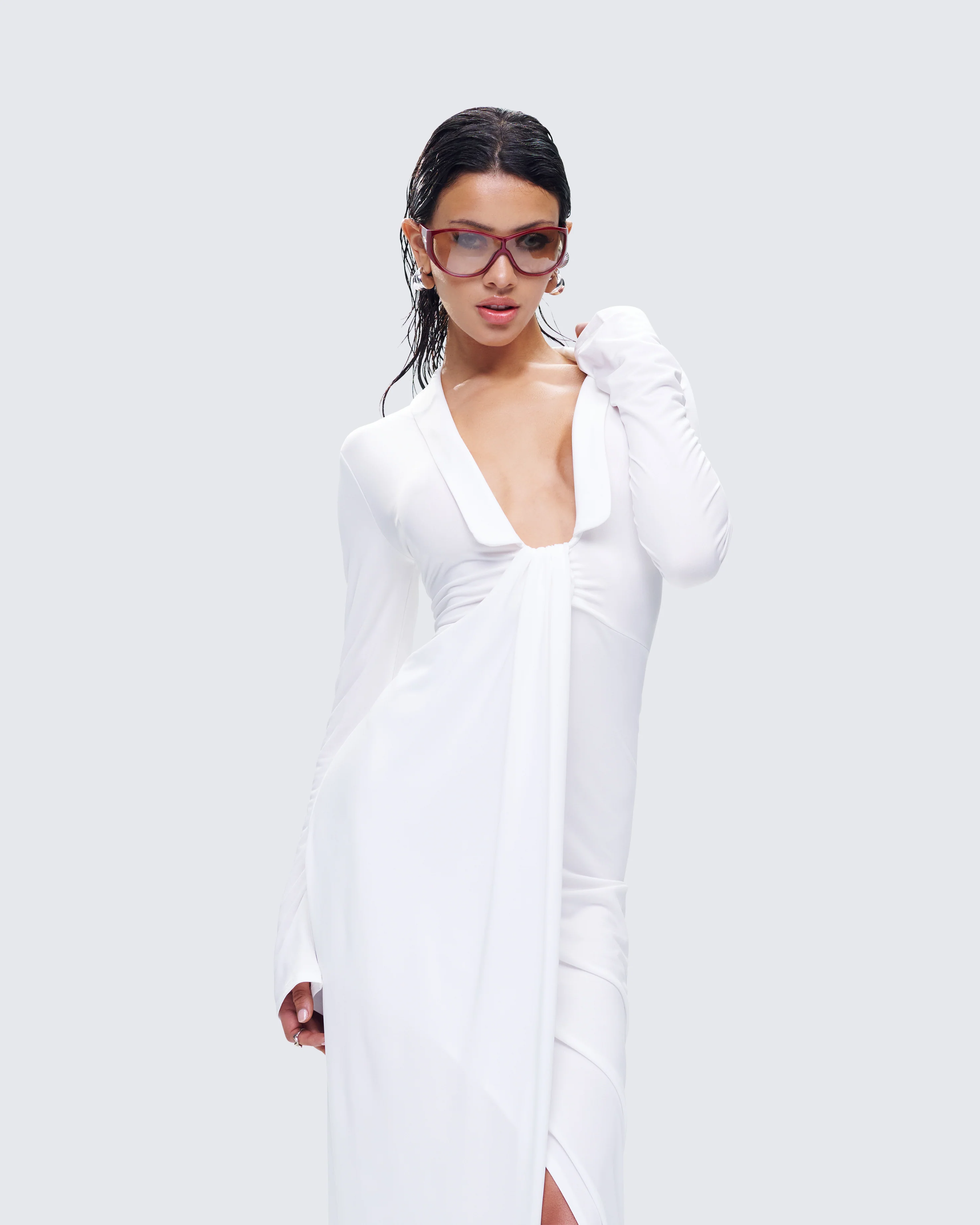 Zaida White Plunge Maxi Dress - Image 8