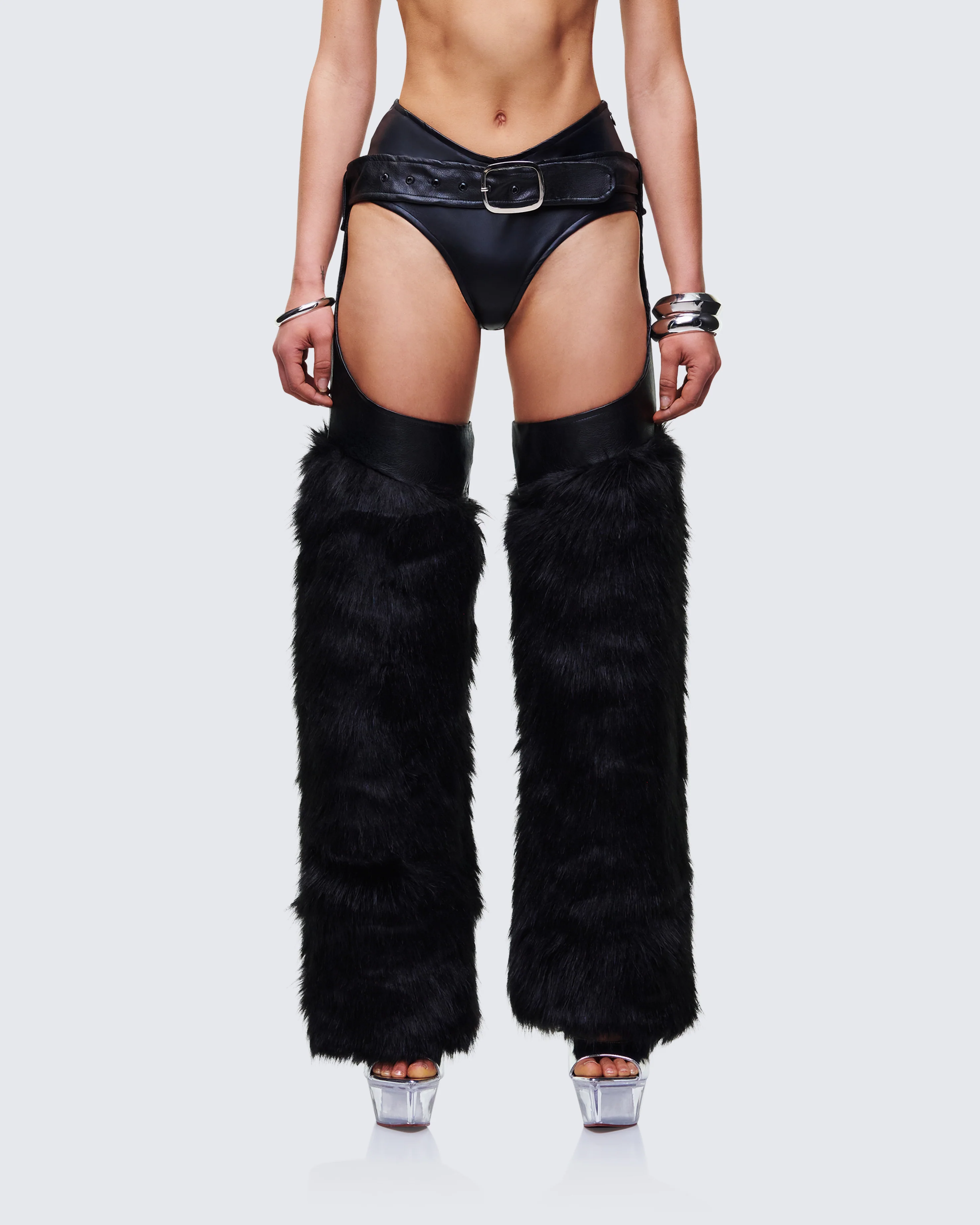 Zaria Black Vegan Leather Fur Trim Chaps - Image 2