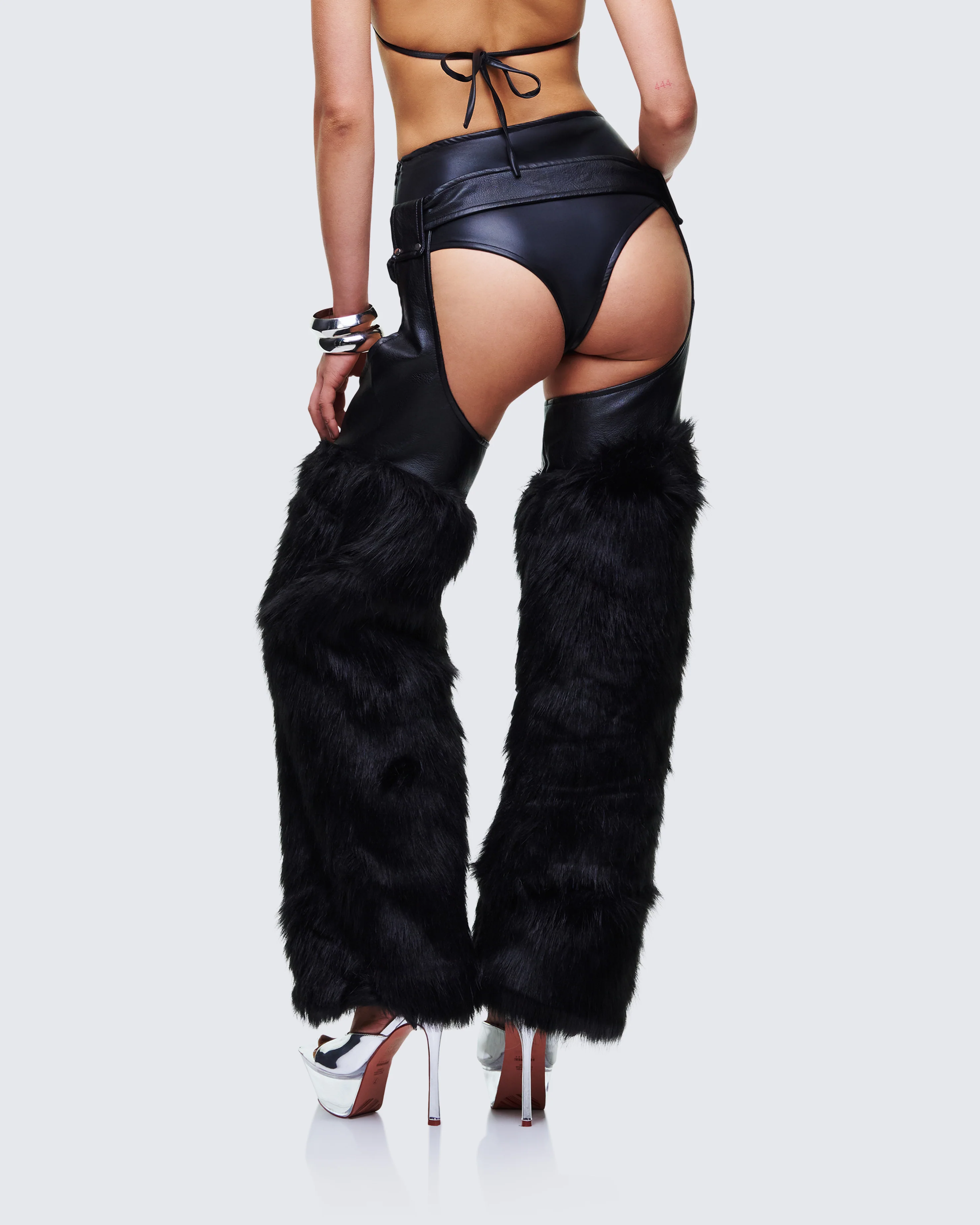 Zaria Black Vegan Leather Fur Trim Chaps - Image 4