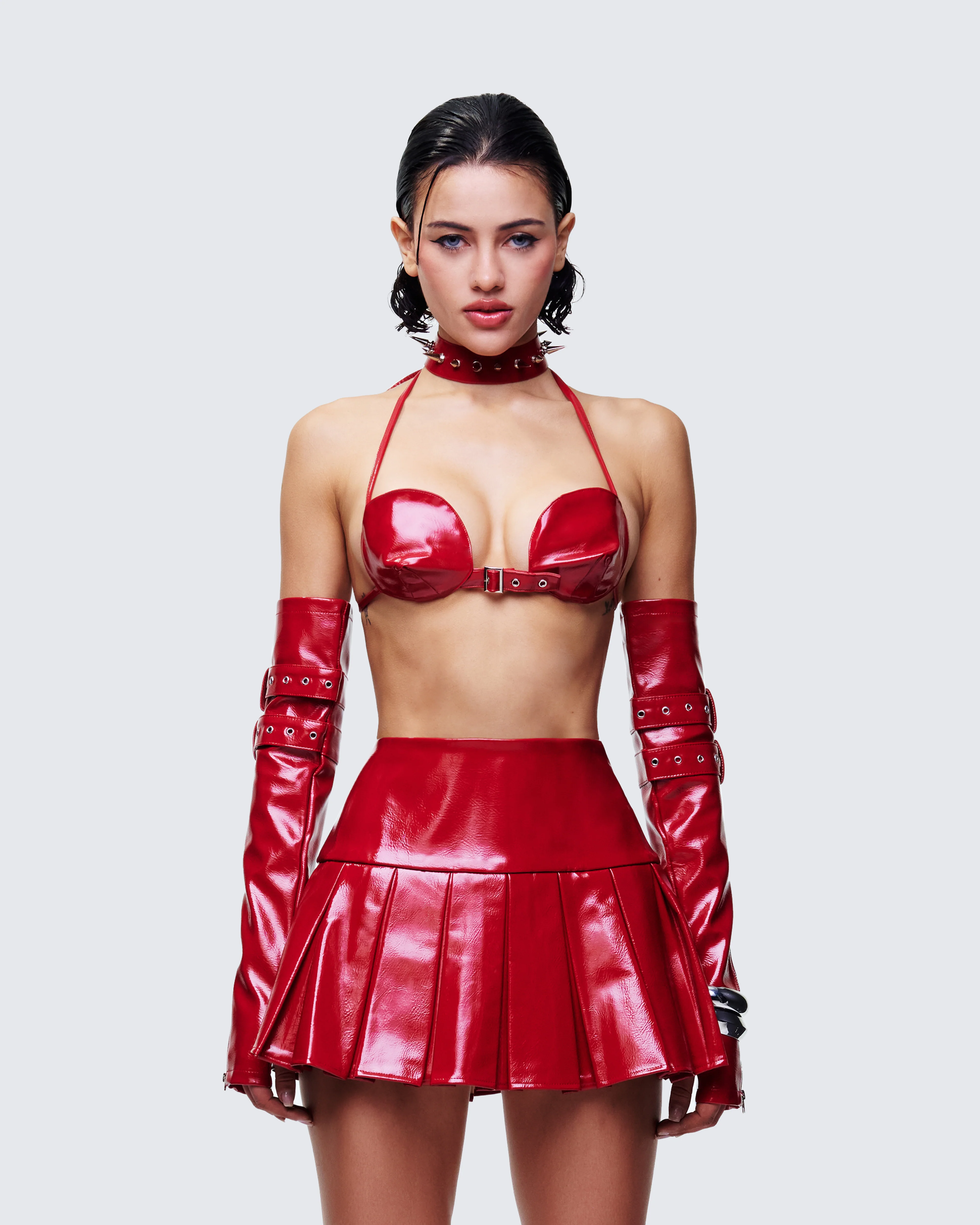 Zaynah Red Vinyl Cone Cup Bra, Choker & Gloves - Image 2