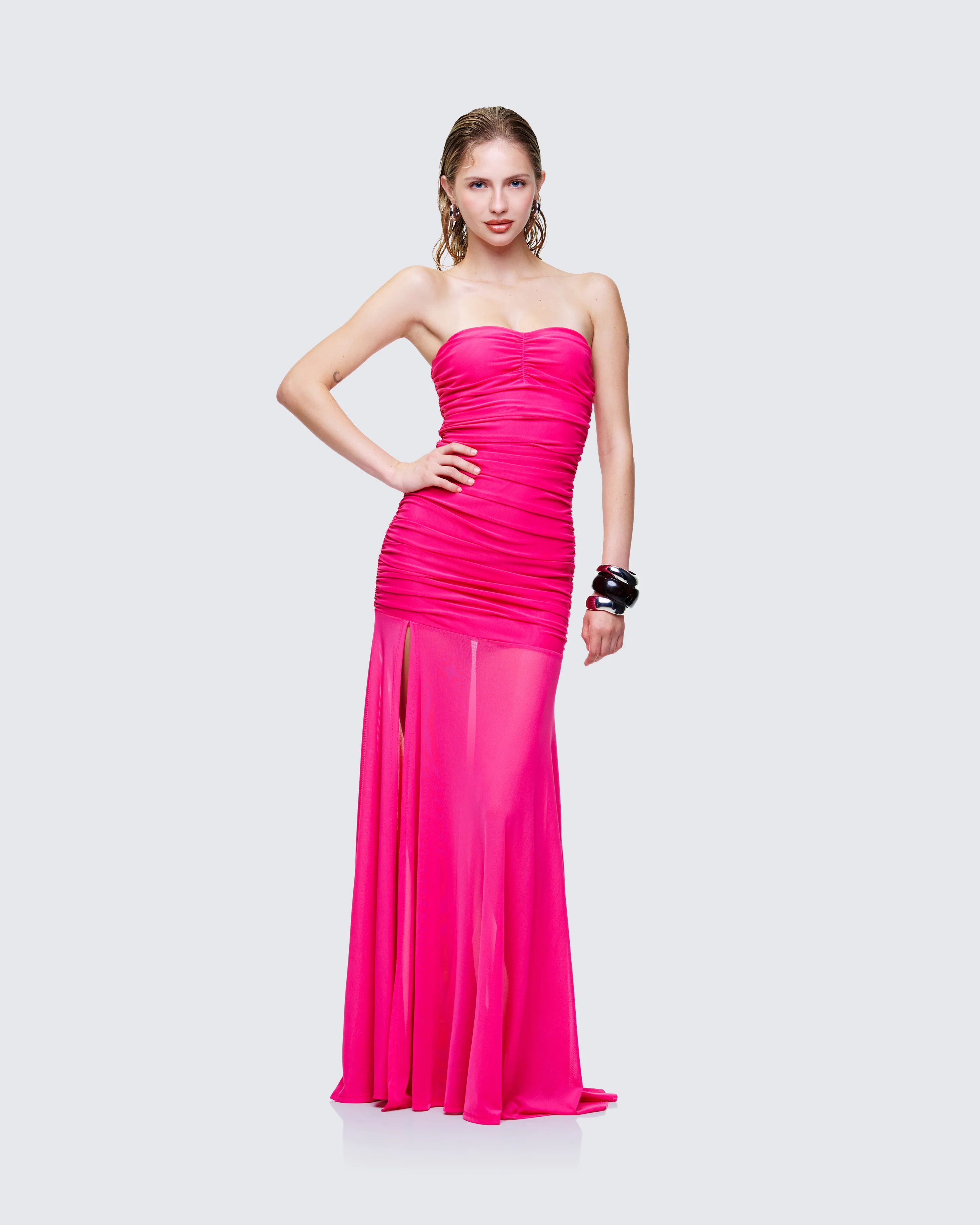 Zea Pink Ruched Mesh Maxi Dress - Image 3