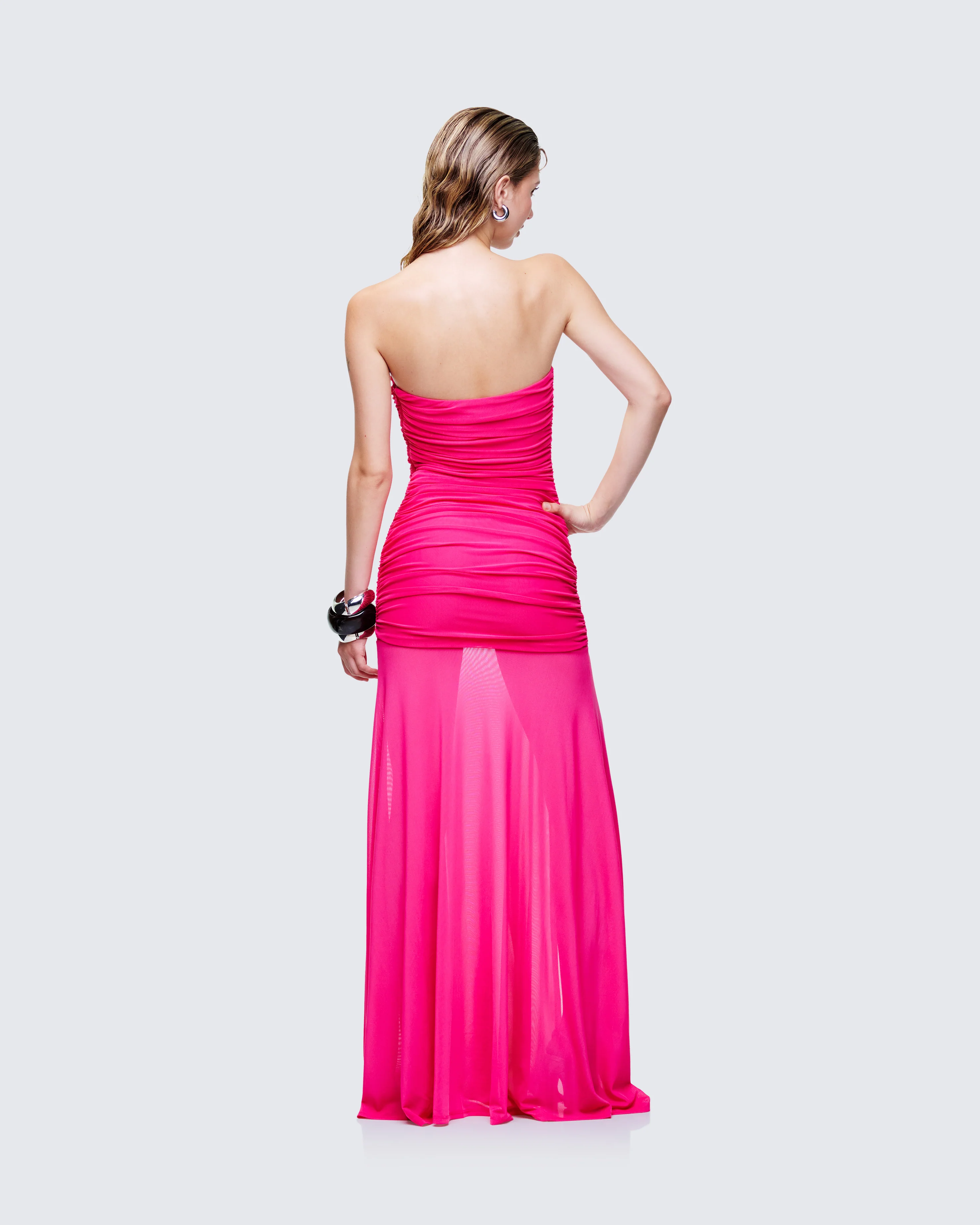 Zea Pink Ruched Mesh Maxi Dress - Image 5