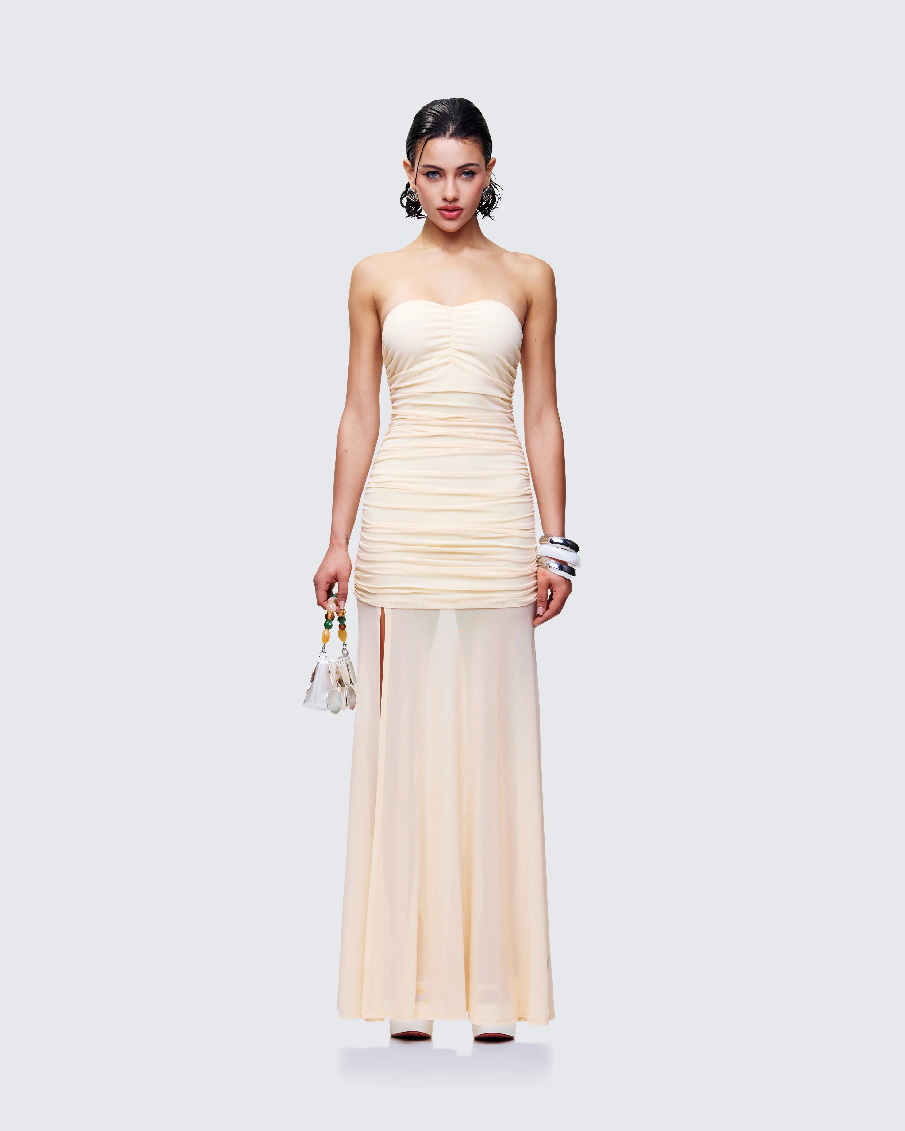 Zea Yellow Ruched Mesh Maxi Dress - Image 2