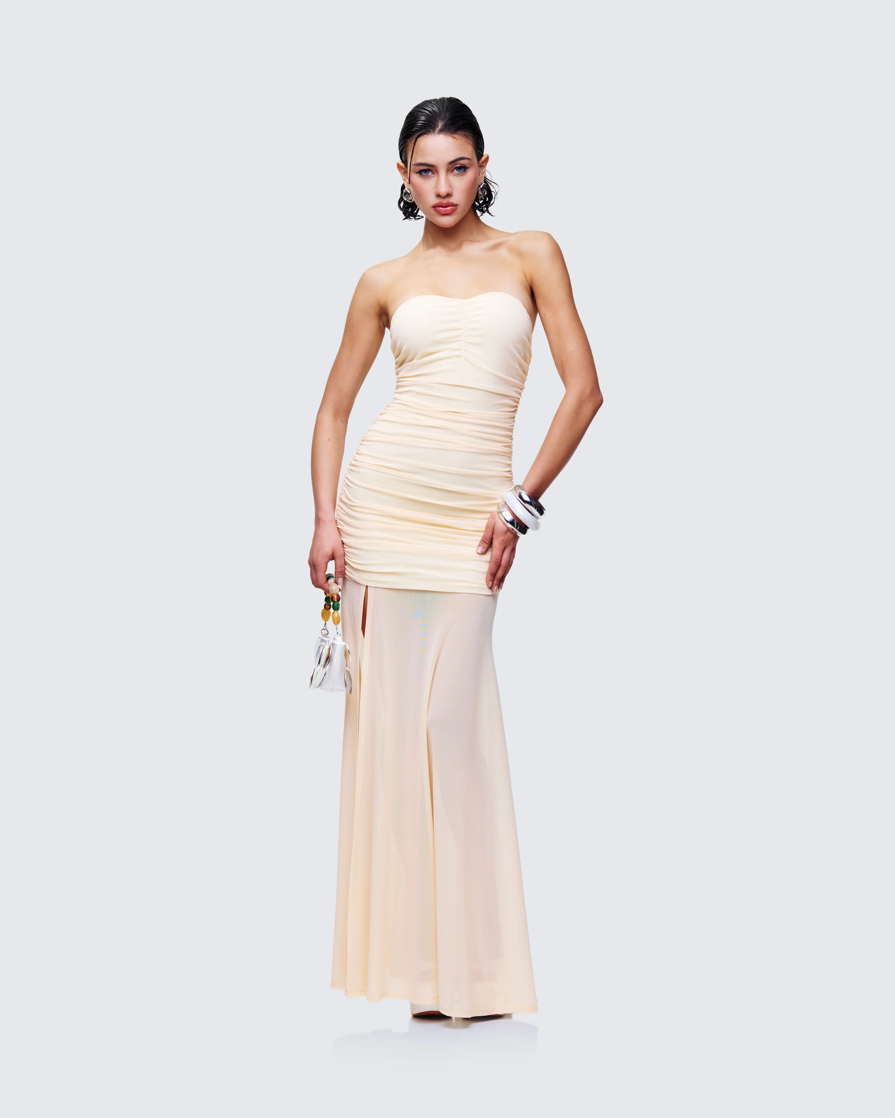 Zea Yellow Ruched Mesh Maxi Dress - Image 3