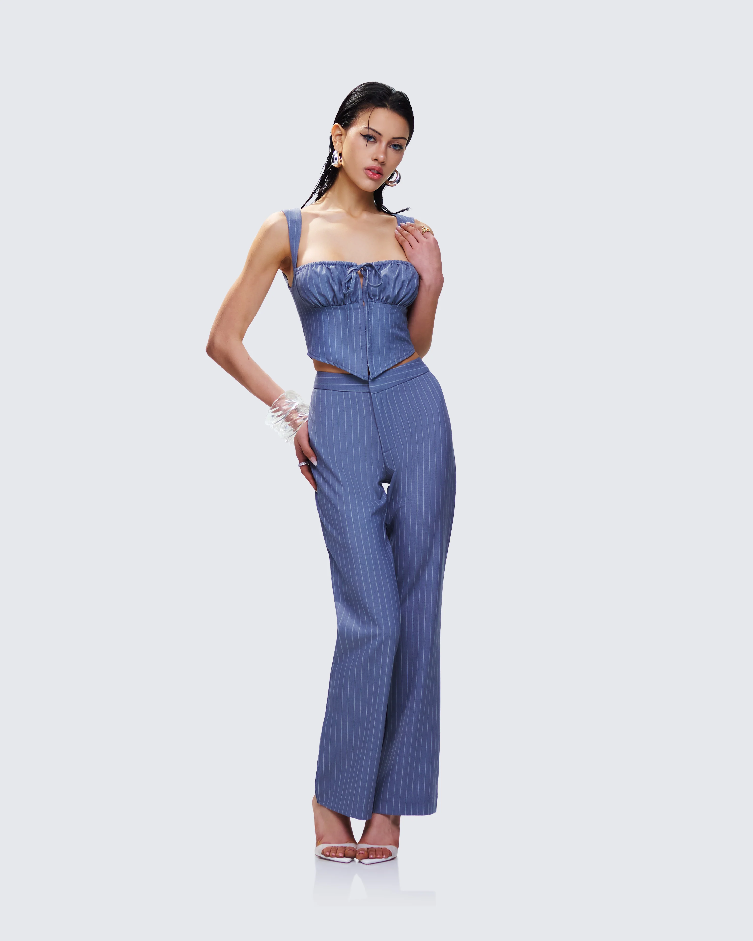 Ziva Grey Pinstripe Mid Rise Pants - Image 5